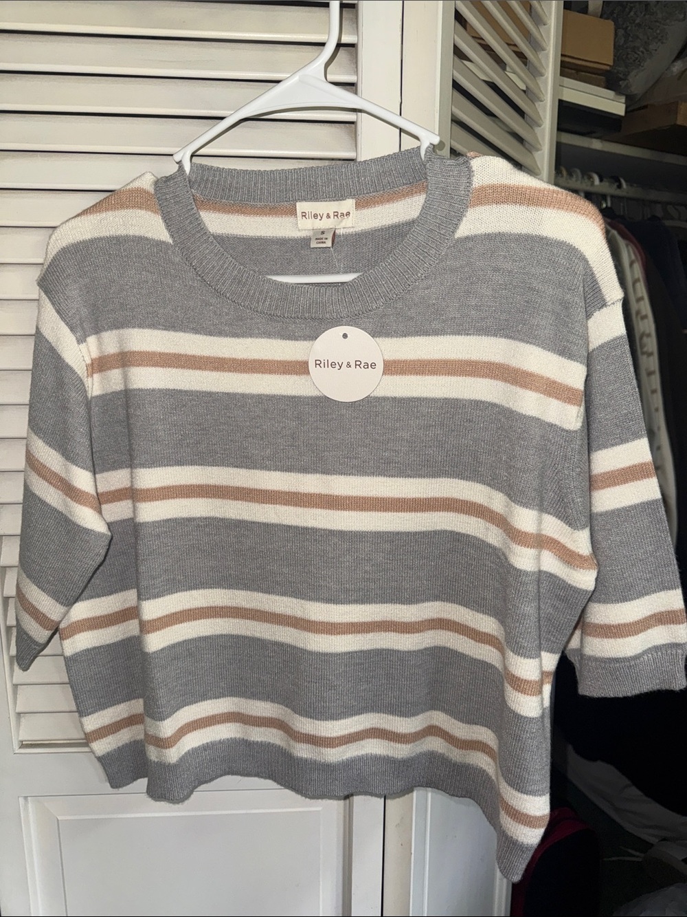 Riley & Rae Gray, Beige and White Striped Crewneck Sweater